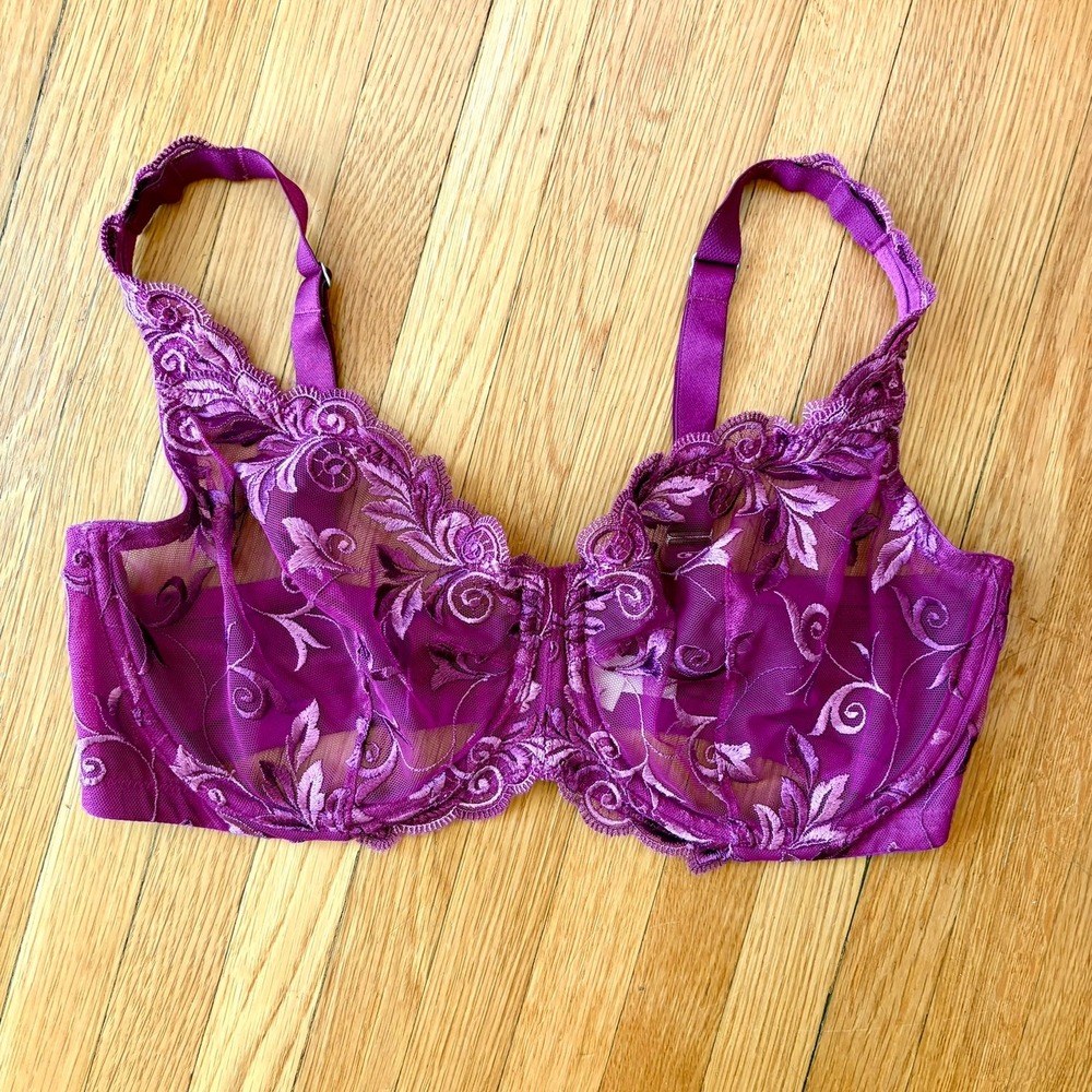 Soma‎ Sensuous Lace Violet Floral Embroidered Mesh Bra 36DD Coquette Feminine